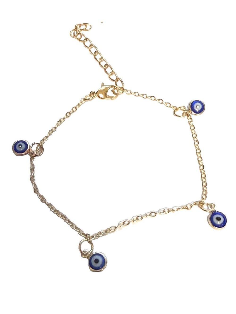 Blue Evil Eye Charm Bracelet Gold Tone 4 Round Charms Adjustable 7.8–9.8”